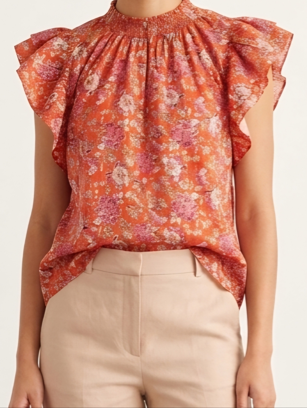 NWOT Jude Connally Coral Floral Ruffle-Sleeve Camisole,